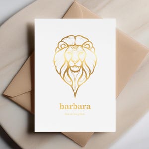 Cartão personalizado do zodíaco de Leão - Brilho intenso de Leão, cartão astrológico com nome personalizado em dourado, presente celestial de aniversário ou signo de fogo, cartão comemorativo dourado