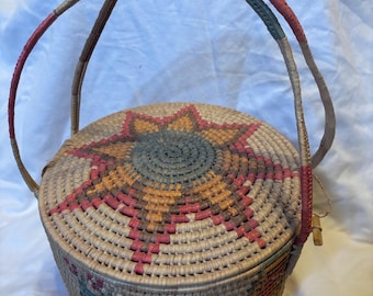 Vintage Deckelkorb Handgewebt Seegras Korb mit Griffen 10 ”x 6”