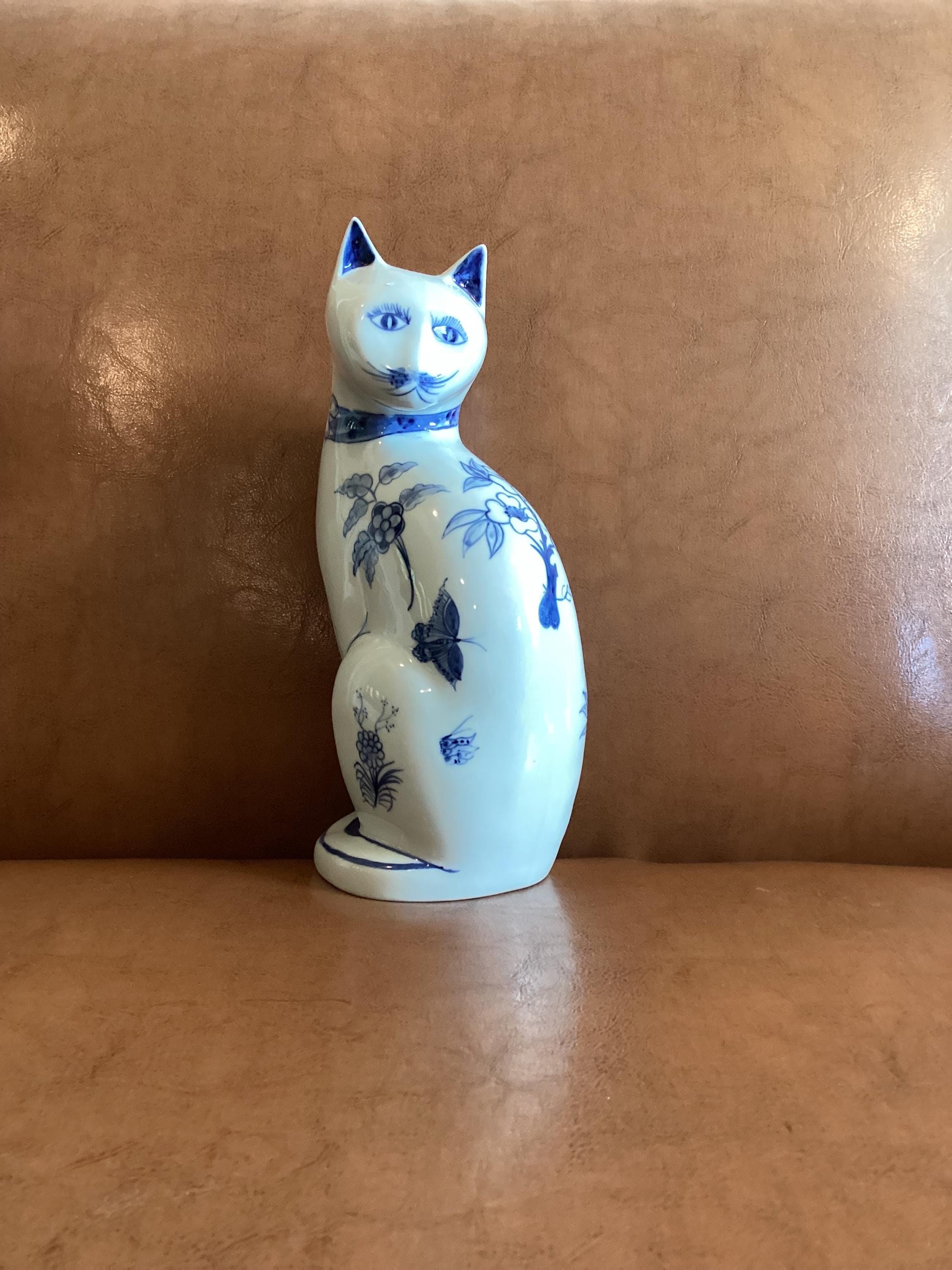 青と白の花模様 猫の陶器置物 アンティーク ヴィンテージ 90年代の