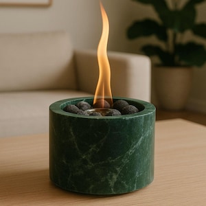 Green Marble Minimalist Fire Pit, Tabletop Fire Bowl, Smokeless Modern Firepit, Eco Friendly, Special Handmade Gift for Christmass Time