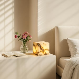May include: A lit, cube-shaped lamp with a marble-like pattern sits on a white nightstand. A small glass vase with pink flowers and an open book are also on the nightstand. The lamp casts a warm glow, illuminating the room.