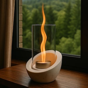 Könnte beinhalten: Ein moderner Kerzenhalter mit einer brennenden Flamme. Die Kerze befindet sich in einem transparenten Glaszylinder, der in einem weißen, oval geformten Sockel steht. Die Flamme ist hoch und orange, und der Hintergrund zeigt ein Fenster mit Blick auf grüne Bäume.