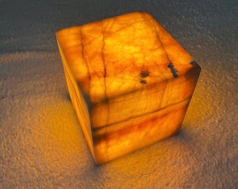 Luxury Gold Onyx Marble Lamp, Bookmatch Stone Table Lamp, Handmade Natural Onyx Light, Modern Cube Bedside Lamp, Luxury Decor Lighting