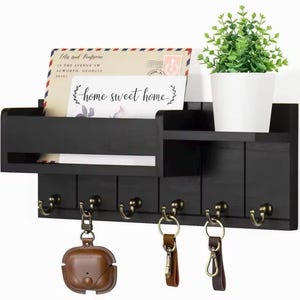 Porta-correspondências e chaves de parede com prateleira – Organizador de entrada com ganchos | Porta-chaves rústico de madeira com compartimento para cartas | Decoração para casa
