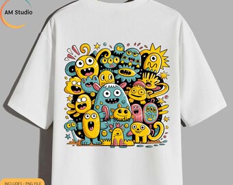 May include: White t-shirt featuring a colorful cartoon monster design. The graphic includes various yellow, blue, and orange monsters with different expressions. The shirt has a crew neck and short sleeves.