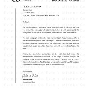 Professional Letter of Recommendation Template | Editable Canva Letterhead | Modern 8.5x11in Reference Letter Design