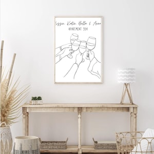 "Individualisierbare ""Wine Cheers"" Linie Art Print - personalisierte Mitbewohner oder beste Freundin Wandkunst - Wohnung Geschenk."