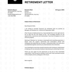 Ruhestand Brief Vorlage: Bearbeitbare Canva Notiz (8,5 x 11 in PDF)