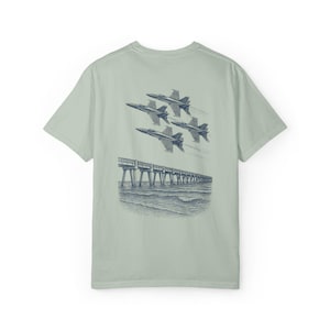Blue Angels Air Show T-Shirt - Vintage Pensacola Beach Pier Jet Flyover - Navy Pilot Aviation Graphic Tee - Patriotic Military Shirt