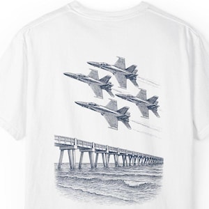 Blue Angels Air Show T-Shirt - Vintage Pensacola Beach Pier Jet Flyover - Navy Pilot Aviation Graphic Tee - Patriotic Military Shirt