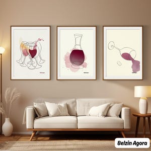 Minimalist Wine Line Art Poster Set – Red Wine Glasses, Carafe & Spill – Modern Abstract Wall Art, Wine Kitchen Decor, Printable Set