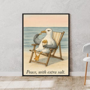Póster imprimible de gaviota divertida – Arte mural para baño costero – Decoración de aves con frases humorísticas – Descarga digital para casa de playa o galería de baños