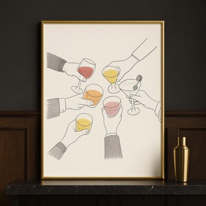 乾杯の印刷可能なウォールアート | ミニマリストなバーカートアート | トップダウンのドリンクイラスト | 線画 | モダンな乾杯サイン