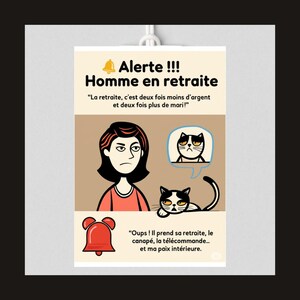 Carte retraite humour homme – “Alerte ! Mari à la maison” – Citation drôle femme – Poster BD rétro – PDF imprimable A5