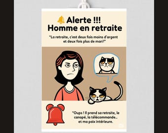 Carte retraite humour homme – “Alerte ! Mari à la maison” – Citation drôle femme – Poster BD rétro – PDF imprimable A5