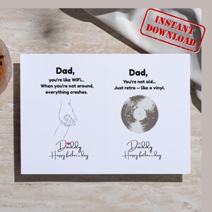 Funny Father’s Day Card Pack – WiFi & Vinyl – Printable Minimalist Gift for Dad – A6, 5x7”, Square + A4 Sheet – Belzin Agora