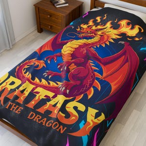 Dratasy the Dragon Velveteen Plush Blanket, Fantasy Fire Dragon Throw, Cozy Soft Blanket for Gamers & Dragon Lovers, Geek Gift, Home decor