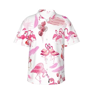Flamingo Hawaiian Shirt – Pink Tropical Bird Button Down Summer Beach Party Shirt for Men & Women, Vacation Aloha Shirt