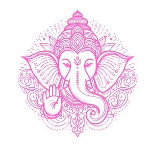 May include: A pink line drawing of the Hindu deity Ganesha, with an intricate mandala design surrounding the figure.