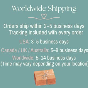 May include: A teal background with the words "Worldwide Shipping" in white script. Below, text details shipping times for the USA, Canada, UK, Australia, and worldwide. A small, wrapped package tied with twine is at the bottom.