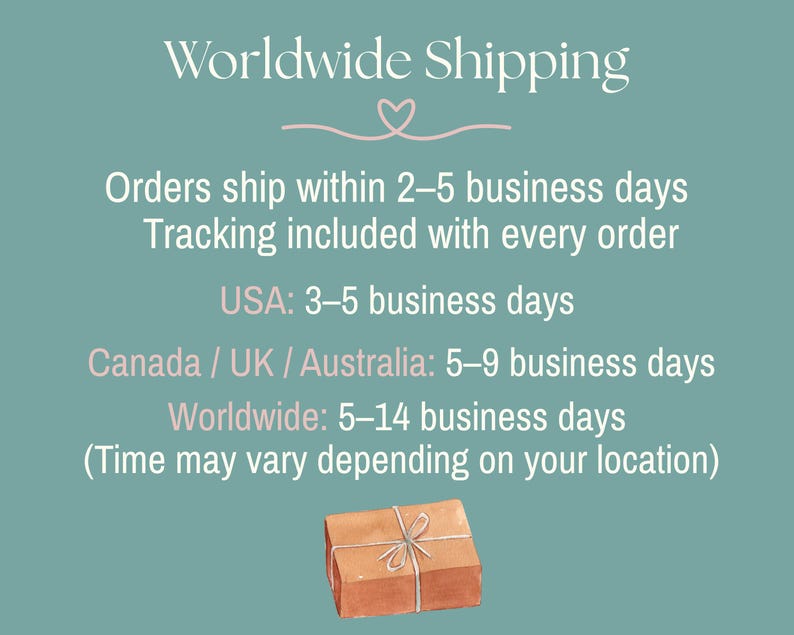 May include: A teal background with the words "Worldwide Shipping" in white script. Below, text details shipping times for the USA, Canada, UK, Australia, and worldwide. A small, wrapped package tied with twine is at the bottom.