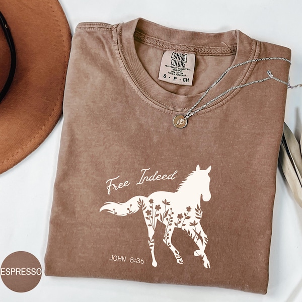 Camiseta de caballo "Free Indeed" con colores cómodos: camiseta de vaquera cristiana