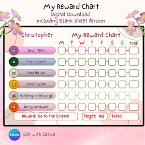 May include: A digital reward chart with the title "My Reward Chart" and the name "Christopher". The chart includes tasks like brushing teeth and doing homework, with a reward of going to the cinema. The design is pink and white with floral accents.