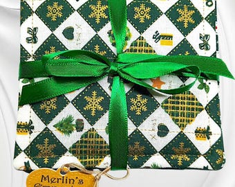 Cotton fabric coasters. A handmade set of 4. Quilted/Green/white/Gol Christmas style