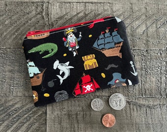 Pirate Fabric Zipper Pouch, Face Mask, Travel Bag Small, Cosmetic Makeup Bag, Coin Purse, Gift Wallet, Rosary, Essential Oil, Nautical Pouch