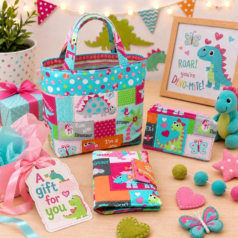 May include: A fabric tote bag, a zippered pouch, and a small folded wallet, all featuring a colorful patchwork pattern of dinosaurs, butterflies, and polka dots. A gift tag with the text A gift for you and a dinosaur illustration is included.
