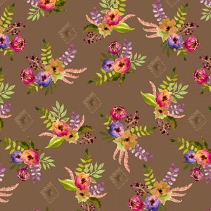 May include: A seamless pattern featuring watercolor floral bouquets on a brown background. The bouquets are made up of pink, orange, yellow, purple, and blue flowers with green leaves. The background has a subtle geometric pattern.
