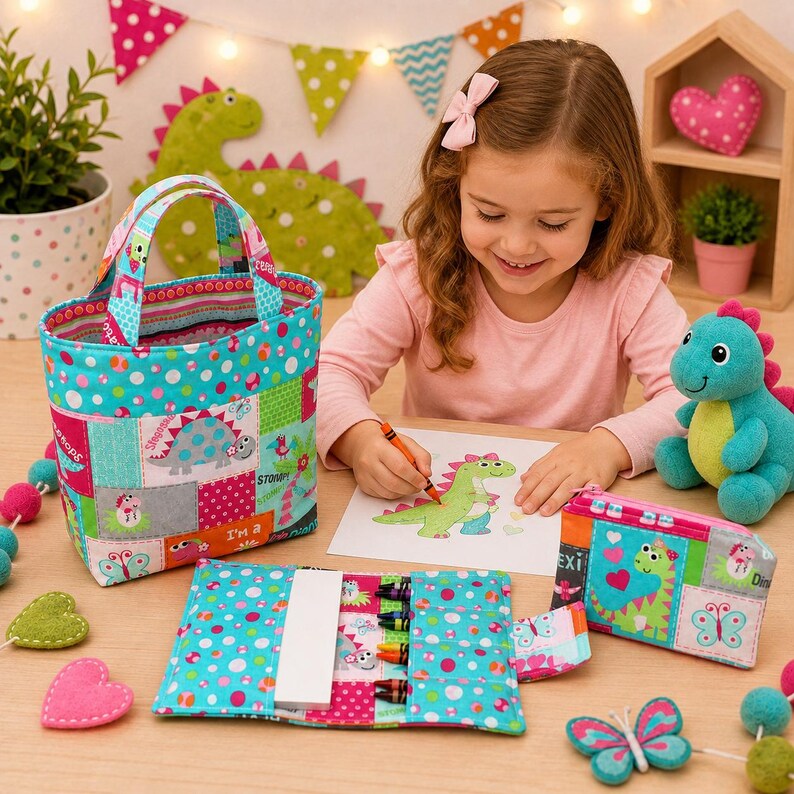May include: A fabric tote bag, a matching pencil case, and a roll-up crayon organizer featuring a colorful dinosaur, butterfly, and polka dot pattern. The items are constructed from quilted fabric with bright teal, pink, and green accents.