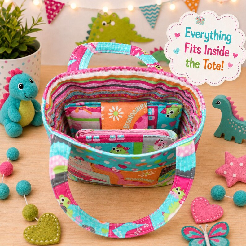 May include: A fabric tote bag with a colorful striped interior and a patchwork exterior featuring dinosaur motifs. Inside the bag are two smaller matching pouches. A white scalloped sign with pink and teal text reads Everything Fits Inside the Tote!