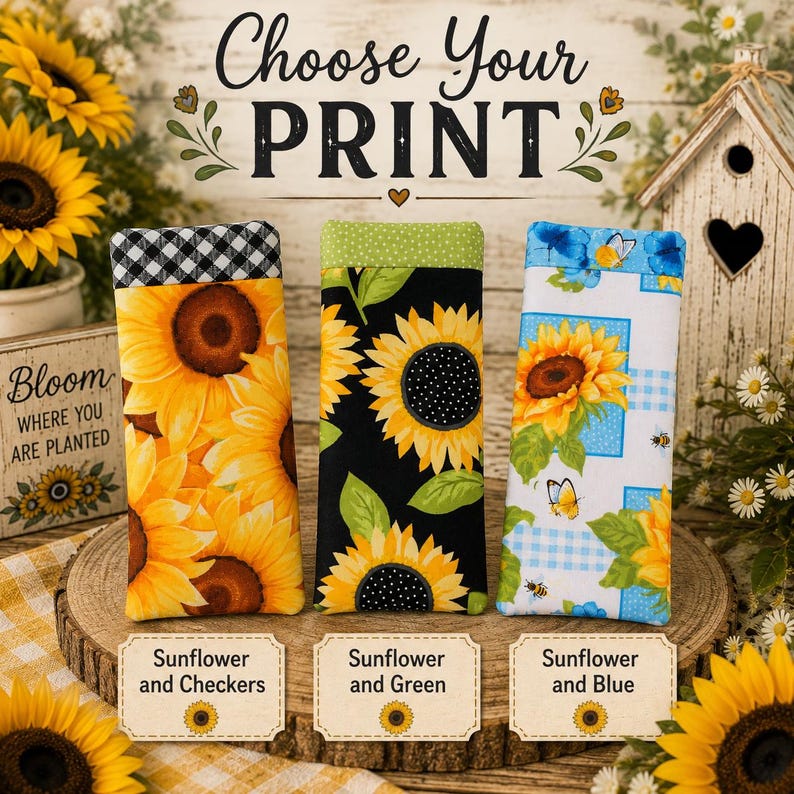 May include: Three rectangular fabric eyeglass cases featuring sunflower patterns. The left case has a black and white checkered top, the middle has a green dotted top, and the right has a blue and white checkered background with butterflies.