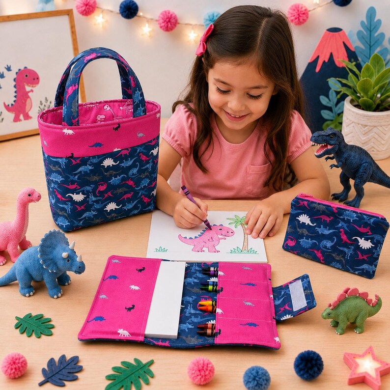 May include: A fabric tote bag, a matching pencil roll with slots for crayons, and a small zippered pouch, all featuring a dark blue and pink dinosaur pattern. The set includes a white notepad and several colorful crayons stored in the roll.