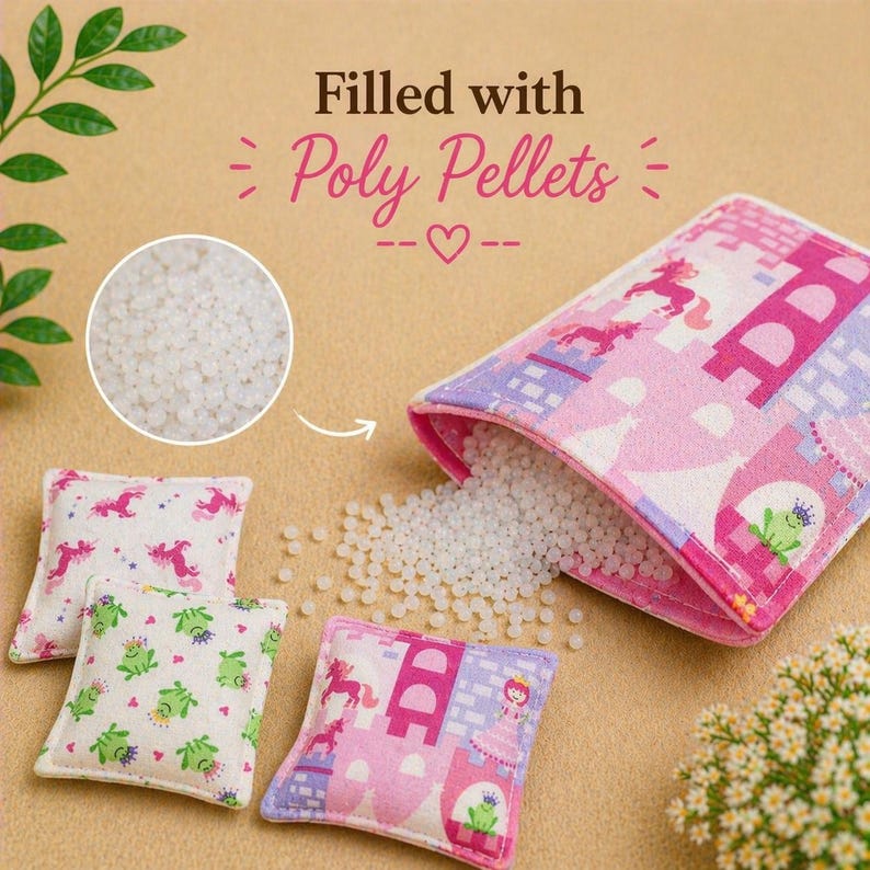 May include: Small fabric pouches featuring pink castle and unicorn patterns, filled with white poly pellets. The text "Filled with Poly Pellets" appears above, with a circular inset showing the texture of the small white plastic beads.