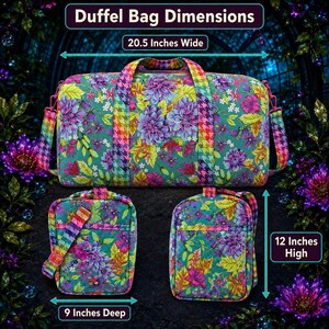 May include: A duffel bag set featuring a floral pattern in shades of purple, pink, and green with a multicolored houndstooth strap design. The duffel bag is 20.5 inches wide, 12 inches high, and 9 inches deep, accompanied by two smaller matching bags.