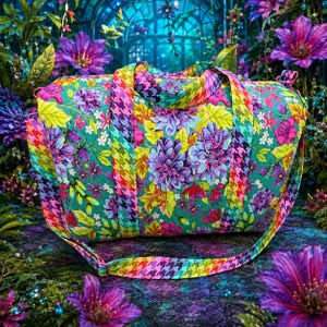 May include: A quilted duffel bag featuring a vibrant floral pattern with purple, pink, and yellow flowers on a teal background, accented by a colorful rainbow houndstooth print on the straps and trim, including a long adjustable shoulder strap.