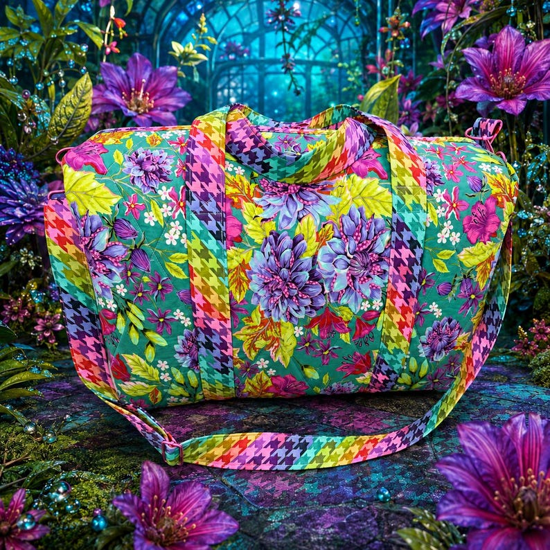 May include: A quilted duffel bag featuring a vibrant floral pattern with purple, pink, and yellow flowers on a teal background, accented by a colorful rainbow houndstooth print on the straps and trim, including a long adjustable shoulder strap.