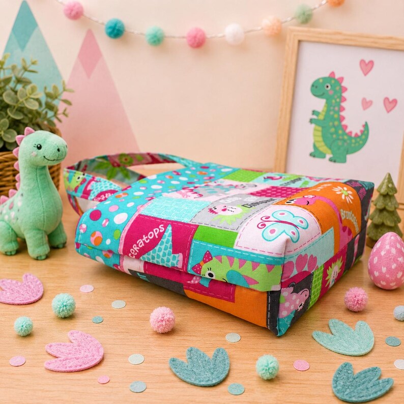 May include: A rectangular fabric tote bag featuring a colorful patchwork pattern of dinosaurs, butterflies, and flowers in shades of teal, pink, orange, and green. The bag has two fabric handles and is constructed from cotton material.