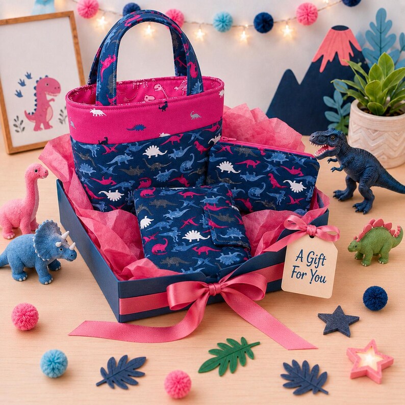 May include: A fabric gift set featuring a dark blue tote bag, a zippered pouch, and a folded wallet, all decorated with a colorful dinosaur pattern. The items are arranged in a dark blue box with pink tissue paper and a pink ribbon with a tag reading A Gift For You.