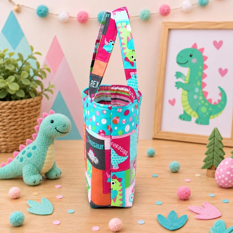 May include: A fabric tote bag featuring a colorful patchwork design with various dinosaur illustrations, polka dots, and text including "T-Rex" and "Triceratops". The bag has two matching fabric handles and a structured, rectangular base.