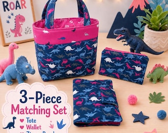 Dinosaur Lover Gift for Little Girl with Kids Tote Bag Crayon Wallet and Zipper Pouch