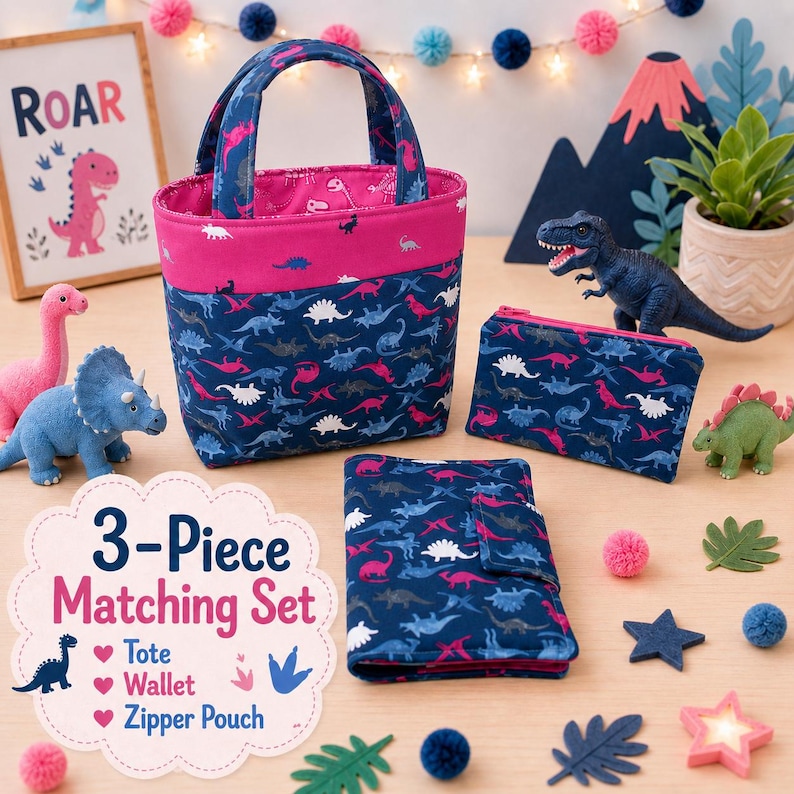 May include: A three-piece matching set featuring a tote bag, a wallet, and a zipper pouch, all crafted from fabric with a dark blue background and a colorful dinosaur pattern. The tote bag has a bright pink top band and two fabric handles.