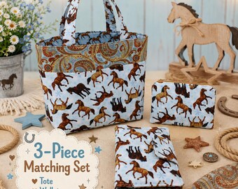 Gift for Little Girl with Horse Tote Bag Crayon Wallet and Zipper Pouch
