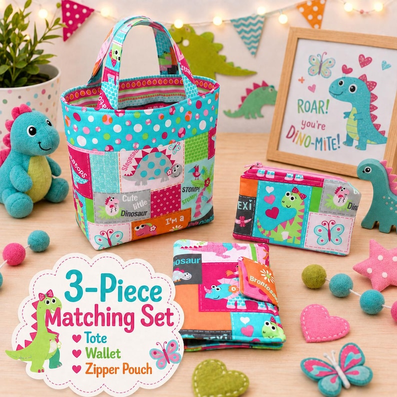 May include: A three-piece matching set featuring a fabric tote bag, a wallet, and a zipper pouch, all decorated with a colorful patchwork pattern of dinosaurs, butterflies, and hearts in shades of teal, pink, orange, and white.