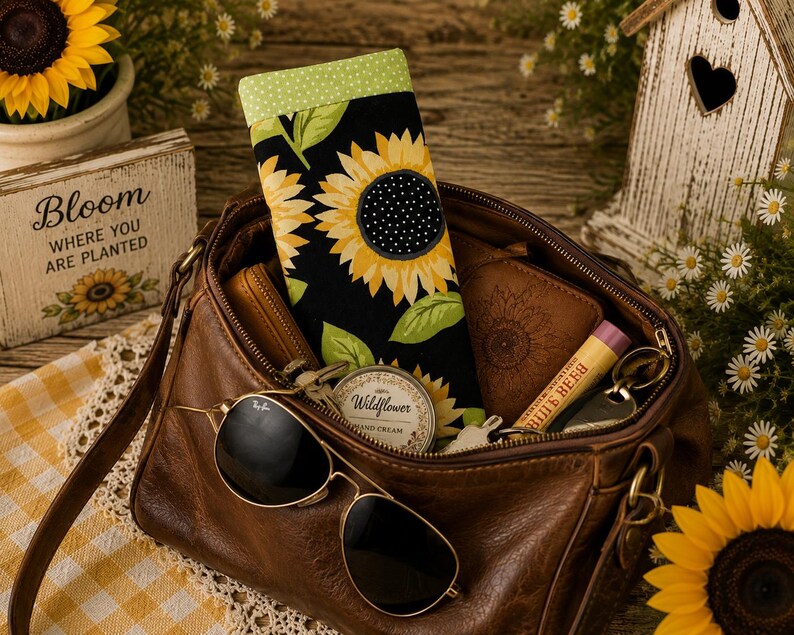 May include: A brown leather handbag containing a fabric eyeglass case with a sunflower pattern on a black background, a round Wildflower hand cream tin, a tube of Burt's Bees lip balm, a brown wallet, and black aviator sunglasses resting on top.