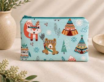 Boho Animal Print Zipper Pouch, Woodland Makeup Bag, Boho Pencil Case, Travel Organizer Bag, Handmade 5x8 Cosmetic Pouch