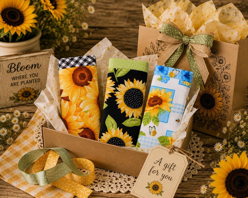 May include: Three rectangular fabric cases featuring sunflower patterns are nestled in a brown gift box. One case has a black and white gingham top, one has a green dotted top, and one has a blue patterned top. A gift tag reads A gift for you.
