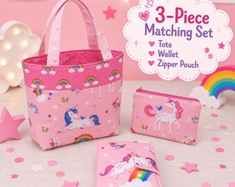 Pink Unicorn Gift for Little Girl with Kids Tote Bag Crayon Wallet and Zipper Pouch